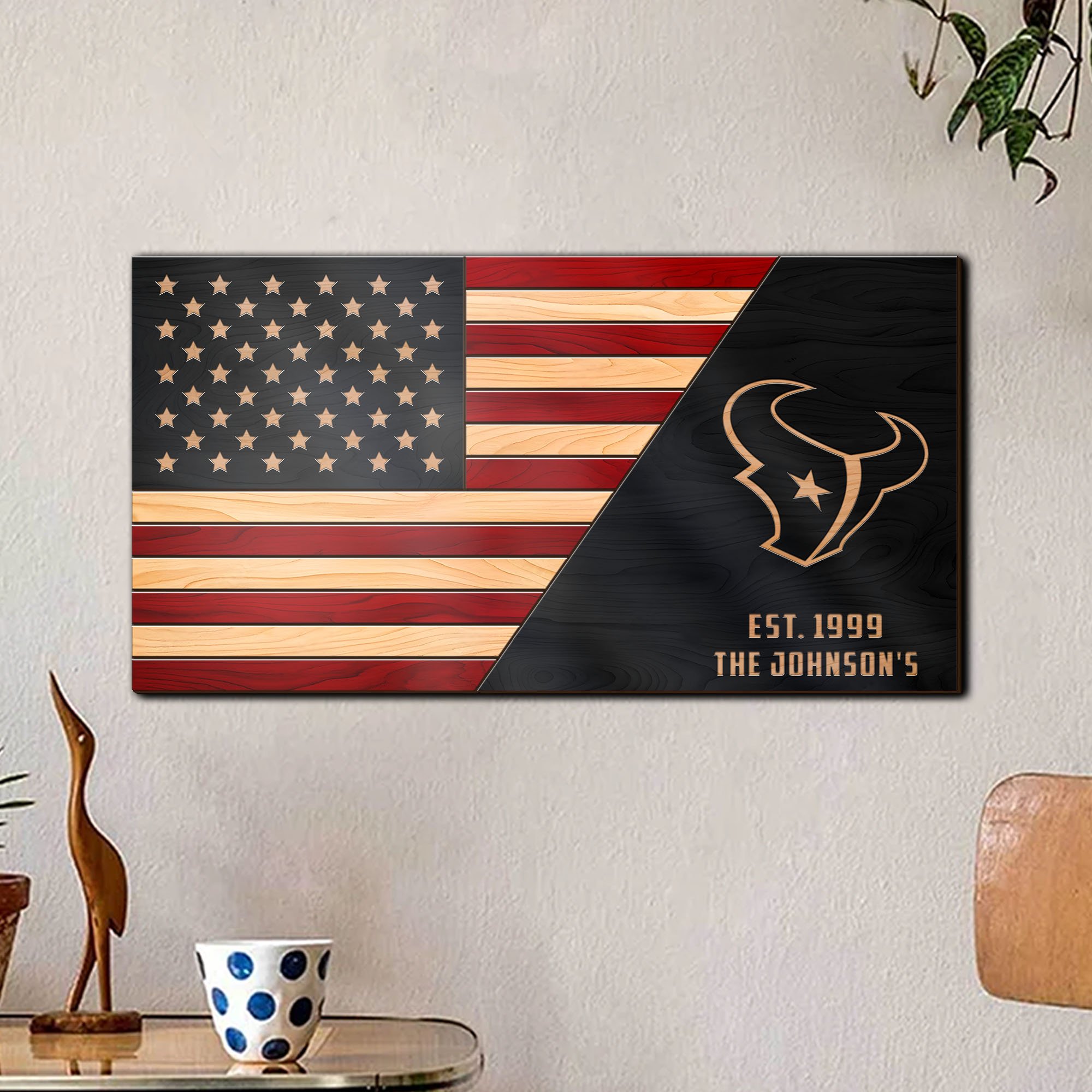 Houston Texans Team And America Flag 2 Layers Woodsign, Football Team Sign , Football Lover Gifts, Home Decorations ETRG-59563